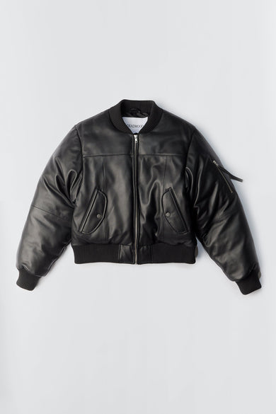 Bofinger padded leather bomber jacket by Deadwood, down-free design with push-button pockets, made from upcycled leather.