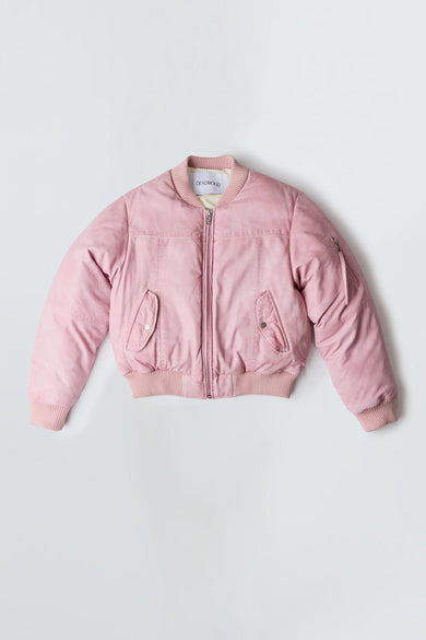 Flat front view of Bofinger leather bomber jacket by Deadwood, zipper closure, push-button pockets, and sustainable hand-dyed upcycled leather.