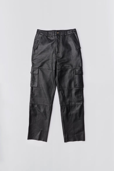 Convoy black leather pants by Deadwood, upcycled lamp nappa leather with cargo pockets and recycled PET bottle lining.