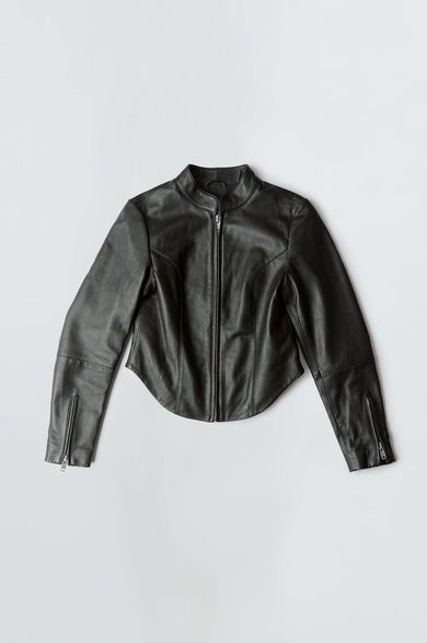 Women’s Gazelle black leather jacket by Deadwood, slim-fit racer-inspired design with center-front zipper, Mandarin collar, and zippered cuffs, made from upcycled leather.