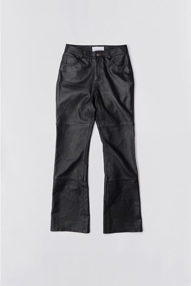 Porter Pants by Deadwood, flat lay of relaxed bootcut leather trousers with jean-style pockets in upcycled lambskin.