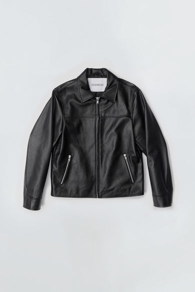 Front view of Bruno Jacket by Deadwood, crafted with a straight-cut, heavy upcycled cowskin. Features a casual fit, waist length, front zipper closure, zipper at wrist, and a zipper pocket. Lined with fabric made from 100% recycled plastic bottles.