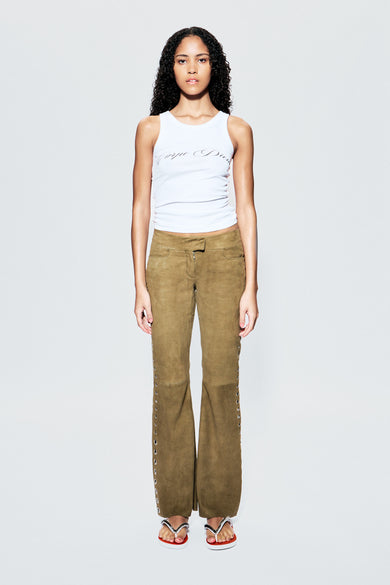 Dali Olive Suede Pants Eyelet Detail