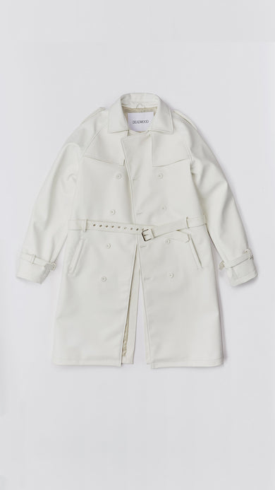 White Deadwood military-inspired trench coat in vegan cactus leather. Classic details such as belt, flap yokes at shoulders and back, and slit at bottom hem.