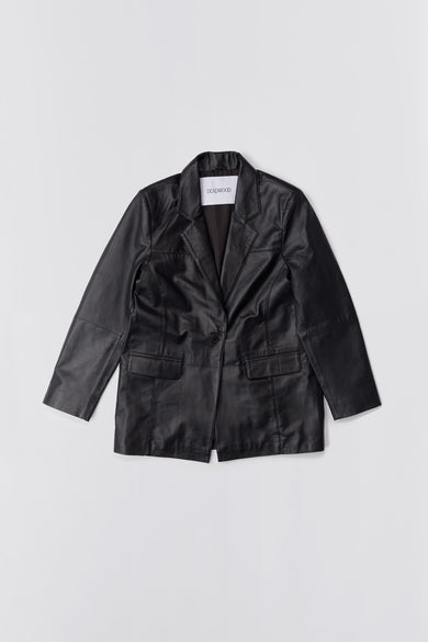 Black Deadwood leather blazer with a beautiful oversized fit, single-button closure. Made from recycled lambskin leather.