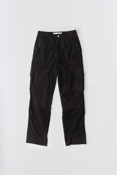 Black Deadwood straight cut cargo pants with slightly dropped crotch, zip fly and workwear-inspired double waist pockets and leg pockets. One 32” length fits all.  Made from recycled suede. 