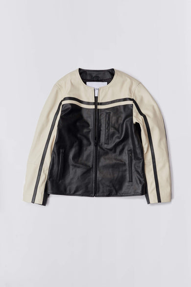 Deadwood Racer Jacket, two-tone black and off-white leather with moto-inspired details.
