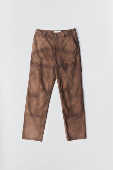 Brown Phil Suede Pants by Deadwood, featuring a brushed patchwork design, made from upcycled goat suede and lined with recycled PET fabric.

