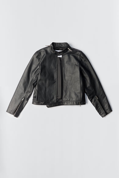 Velar Spike Jacket by Deadwood, upcycled leather jacket with racer design and spike details.