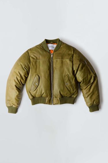 Flat front view of Bofinger olive leather bomber jacket by Deadwood, showing zipper closure and classic bomber design, made from upcycled leather.
