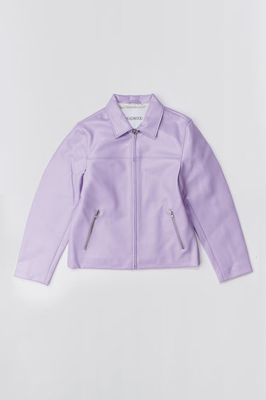 Flat image of straight cut jacket with collar and zipper. Crafted in Purple Cactus Leather.
