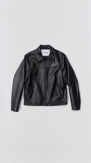 Bruno 10 Year Jacket by Deadwood, special edition waist-length leather jacket crafted from upcycled cowhide with zipper details.