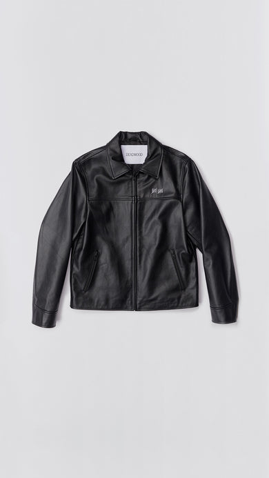 Bruno 10 Year Jacket by Deadwood, special edition waist-length leather jacket crafted from upcycled cowhide with zipper details.