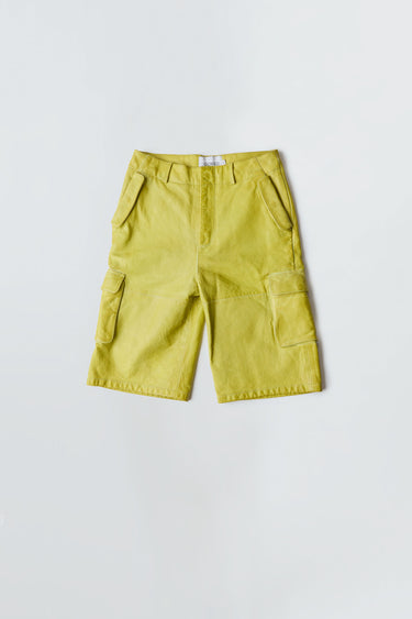 Carter hand-dyed poison green leather cargo shorts front view