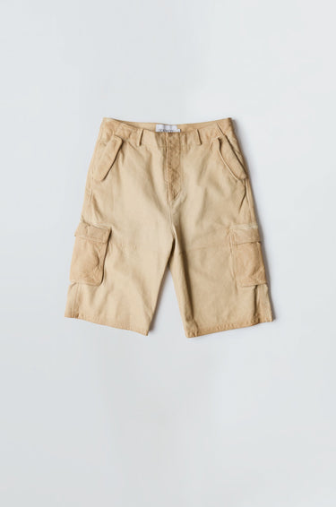 Flat front view of Carter hand-dyed sand leather cargo shorts by Deadwood, featuring multiple pockets, crafted from deadstock leather.
