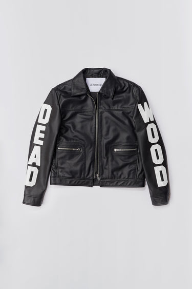 ibbs DW Jacket by Deadwood, black-and-white cropped leather jacket with branded sleeve details and sustainable upcycled materials.
