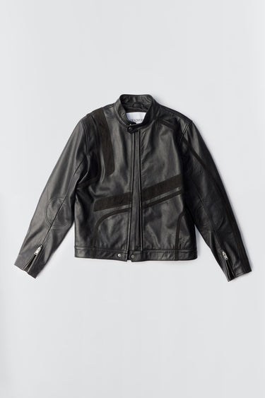 Hiro black leather jacket, made from upcycled cow leather and goat suede, with a front zipper closure and ventilation hole.