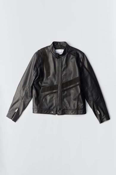 Hiro black leather jacket, made from upcycled cow leather and goat suede, with a front zipper closure and ventilation hole.