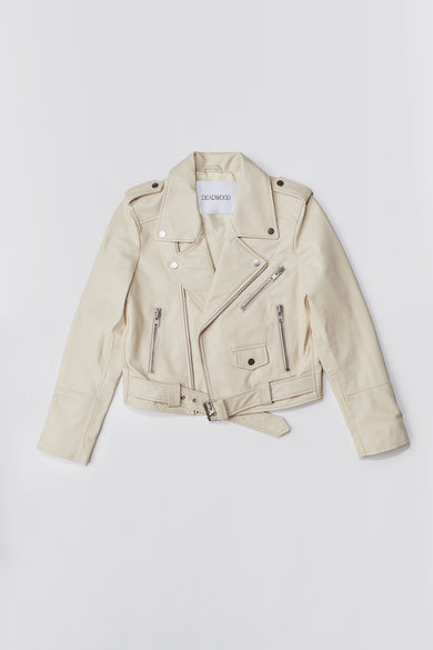 Joan Cropped Leather Jacket in Off White by Deadwood, featuring a practical inside pocket, made from recycled leather with eco-friendly lining.