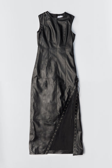 
Flat view of the Ortem Leather Maxi Dress in black, crafted from 100% deadstock leather. Features a diagonal eyelet-finished slit that wraps around the body and leather laces for an adjustable fit. Lined with recycled PET bottles for added sustainability.