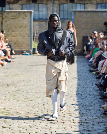 Male model on runway wearing black leather hoodie from Deadwood Spring/Summer 2025 Collection during Copenhagen Fashion Week