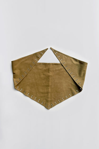 Flat of a multi-functional scarf top made from army green upcycled suede. Finished with eyelet detailing for adjustable styling. A statement in sustainability.
