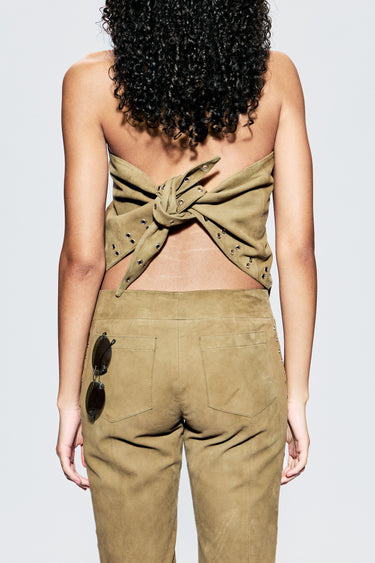 back view of a multi-functional scarf top made from army green upcycled suede. Finished with eyelet detailing for adjustable styling. A statement in sustainability.