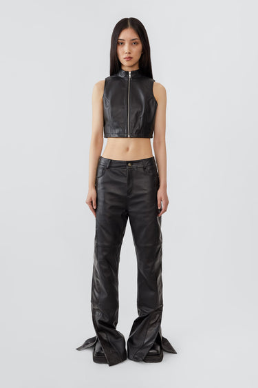 Prance black leather pants by Deadwood, front view showing slight bootcut and soft upcycled lambskin design.
