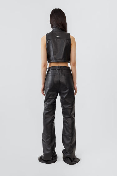 Back view of Prance black leather pants by Deadwood, made from upcycled lambskin with slight bootcut fit.
