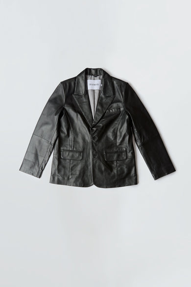 Stanley black leather blazer by Deadwood, front view, single-breasted with two-button closure, chest pocket, and duo waist pockets, made from upcycled lambskin.
