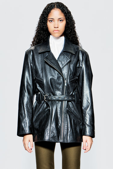 Close up front view of the Ann Jacket by Deadwood on model, showcasing tailored fit, asymmetrical zip, and waist belt for adjustable shape.