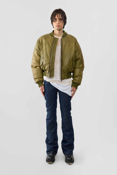 Men’s Bofinger olive green leather bomber jacket by Deadwood, front view featuring zipper closure and ribbed collar, cuffs, and hem.
