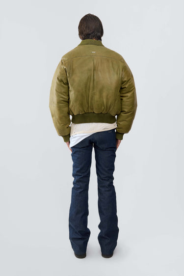 Back view of Men’s Bofinger olive green leather bomber jacket by Deadwood, highlighting classic bomber silhouette and hand-dyed leather finish.
