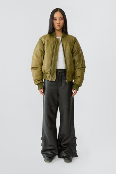 Bofinger olive leather bomber jacket by Deadwood, front view with zipper closure and push-button pockets, hand-dyed from upcycled leather.
