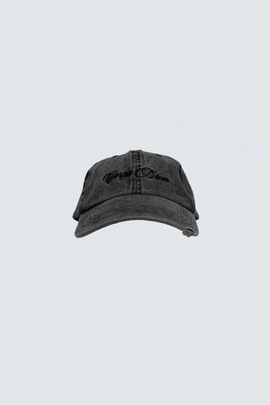 A gray baseball cap with 'Carpe Diem' embroidery on the front, featuring an adjustable silver-tone buckle at the back.