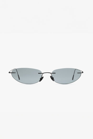 Front view of Colletti sunglasses by Deadwood x Vasuma with rimless oval gunmetal grey lenses and matte black frame.