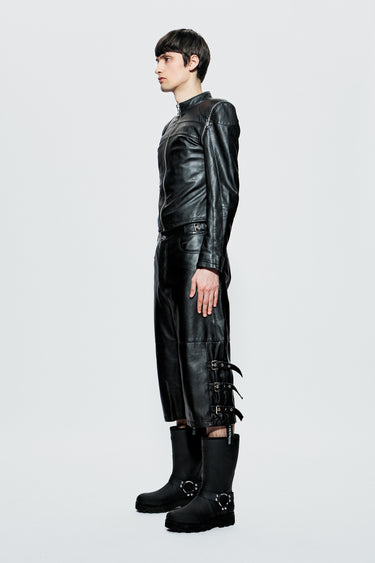 Side profile of Deadwood’s Dita Jacket with sleeves, highlighting zippered cuffs and tailored fit in smooth black leathe
