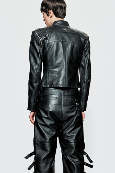 Back view of Dita Jacket by Deadwood on model, showing fitted shape and full leather construction with sleeves attached.
