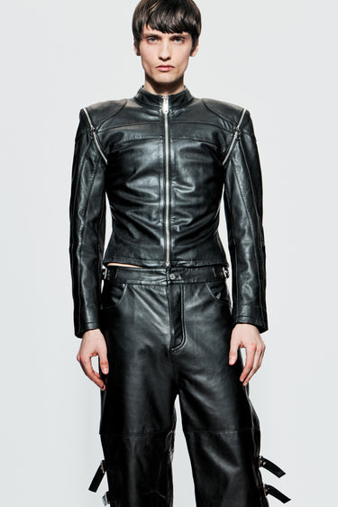Front view of Dita Jacket by Deadwood on model, showcasing structured leather silhouette, front zipper, and full-length sleeves.