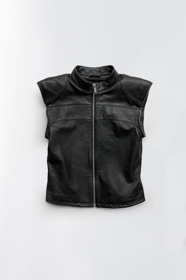 Dita Jacket by Deadwood, flat lay of sleeveless leather vest version with Mandarin collar and zip-front closure.