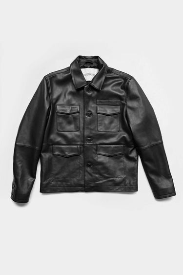 Black leather jacket with pockets.