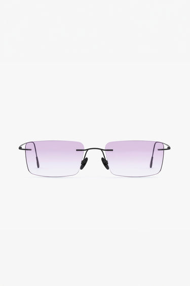 Flat front view of Macrelaps sunglasses by Deadwood x Vasuma, featuring rimless pink lenses and recycled matte steel frame.