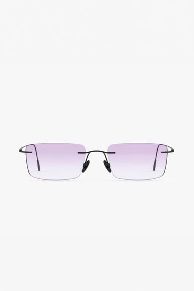 Flat front view of Macrelaps sunglasses by Deadwood x Vasuma, featuring rimless pink lenses and recycled matte steel frame.