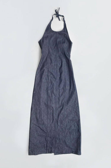 Deadwood Maxine Dress in dark indigo upcycled denim, full-length sleeveless dress with back lacing and center-back slit, flat lay