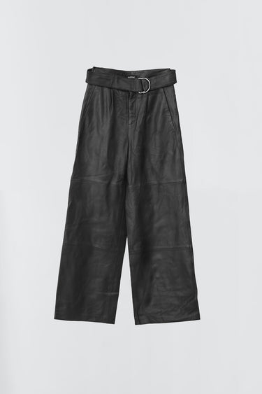 Black Poppy wide leather pants by Deadwood, recycled leather with D-ring belt and hidden pockets.