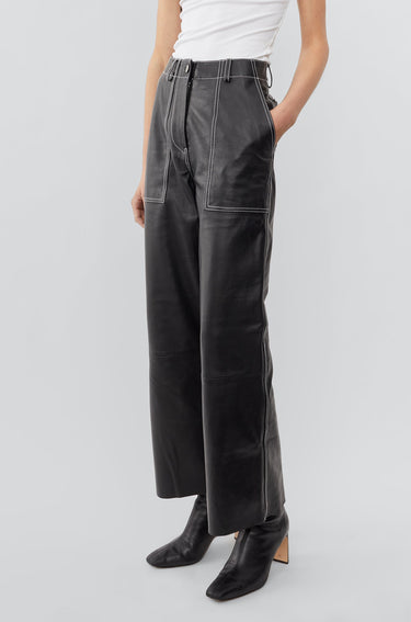 Presley Black Leather Pants White Stitch