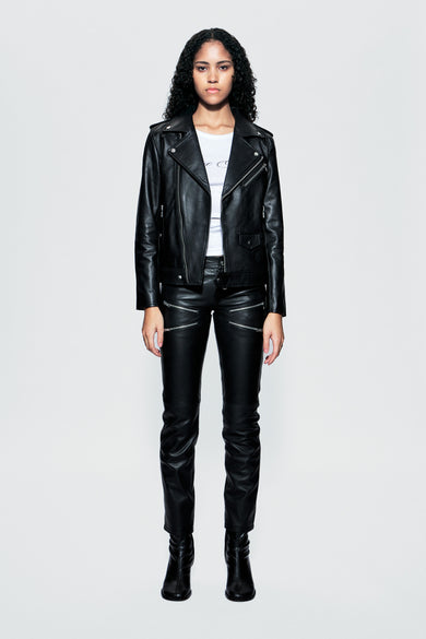Front image of female model wearing Deadwood classic biker jacket crafted from upcycled black leather