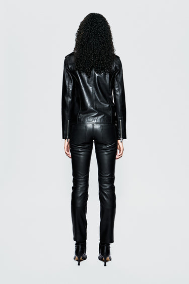 Back view of female model wearing Deadwood classic biker jacket crafted from upcycled black leather