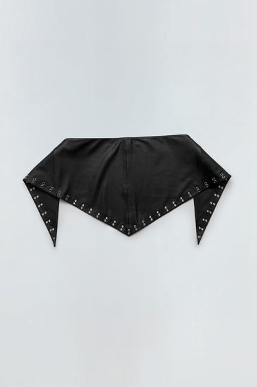Flat image of the Scar Scarf is a versatile accessory made from upcycled black leather. Featuring metal eyelets along the edges.