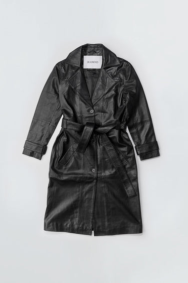 Terra recycled leather trench coat in black by Deadwood, classic silhouette with a tie belt.